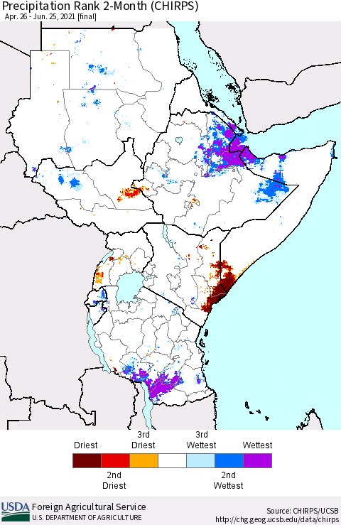 Eastern Africa Precipitation Rank since 1981, 2-Month (CHIRPS) Thematic Map For 4/26/2021 - 6/25/2021