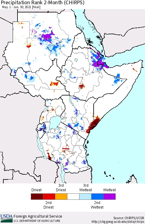 Eastern Africa Precipitation Rank 2-Month (CHIRPS) Thematic Map For 5/1/2021 - 6/30/2021
