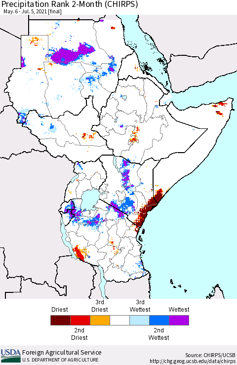 Eastern Africa Precipitation Rank since 1981, 2-Month (CHIRPS) Thematic Map For 5/6/2021 - 7/5/2021