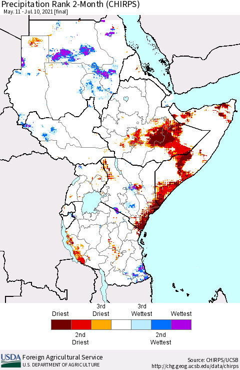 Eastern Africa Precipitation Rank 2-Month (CHIRPS) Thematic Map For 5/11/2021 - 7/10/2021