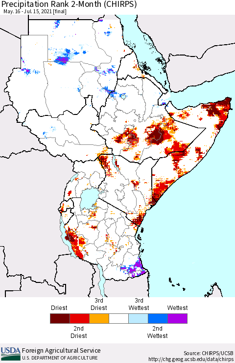 Eastern Africa Precipitation Rank since 1981, 2-Month (CHIRPS) Thematic Map For 5/16/2021 - 7/15/2021