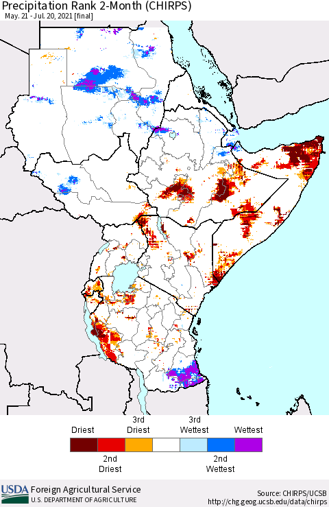 Eastern Africa Precipitation Rank 2-Month (CHIRPS) Thematic Map For 5/21/2021 - 7/20/2021