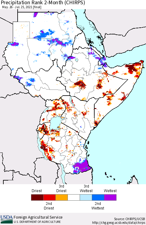 Eastern Africa Precipitation Rank since 1981, 2-Month (CHIRPS) Thematic Map For 5/26/2021 - 7/25/2021
