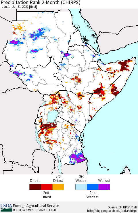 Eastern Africa Precipitation Rank since 1981, 2-Month (CHIRPS) Thematic Map For 6/1/2021 - 7/31/2021