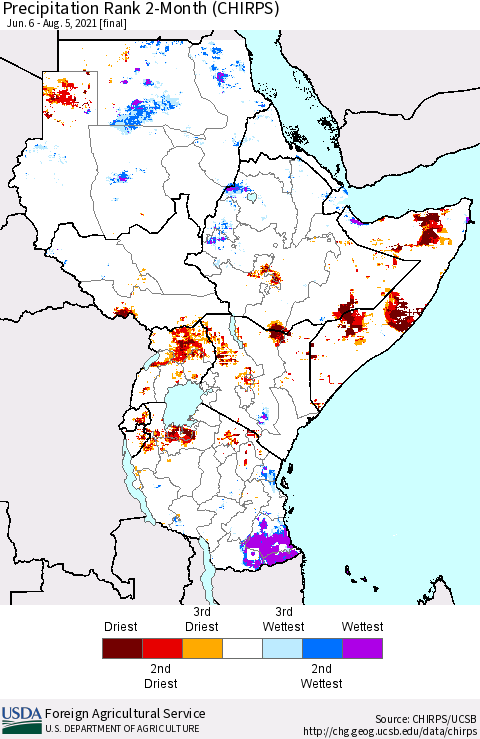 Eastern Africa Precipitation Rank 2-Month (CHIRPS) Thematic Map For 6/6/2021 - 8/5/2021
