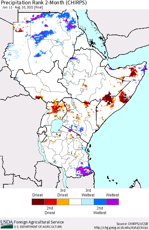 Eastern Africa Precipitation Rank 2-Month (CHIRPS) Thematic Map For 6/11/2021 - 8/10/2021