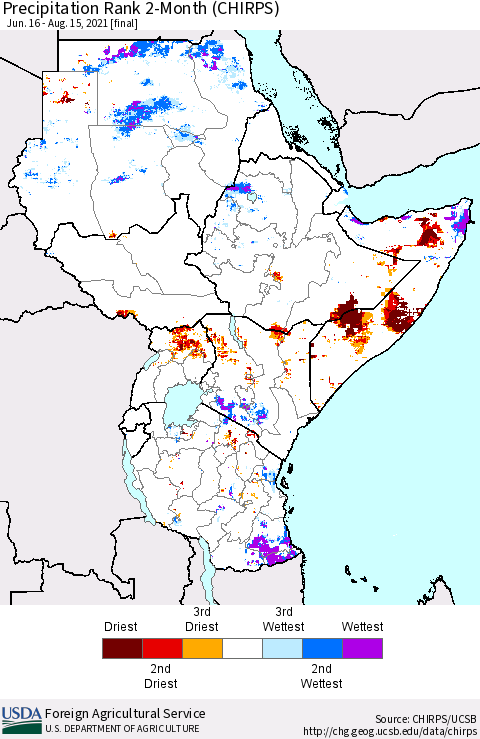 Eastern Africa Precipitation Rank since 1981, 2-Month (CHIRPS) Thematic Map For 6/16/2021 - 8/15/2021