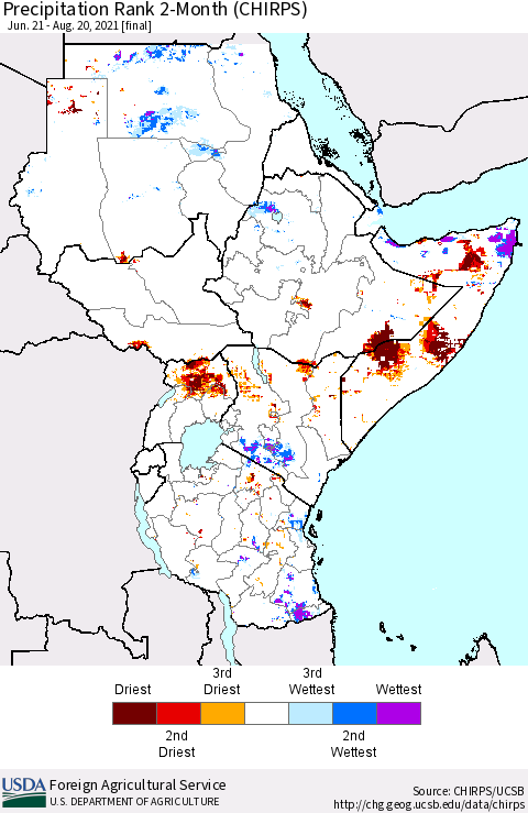 Eastern Africa Precipitation Rank 2-Month (CHIRPS) Thematic Map For 6/21/2021 - 8/20/2021