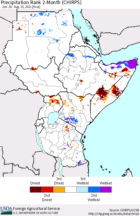Eastern Africa Precipitation Rank since 1981, 2-Month (CHIRPS) Thematic Map For 6/26/2021 - 8/25/2021