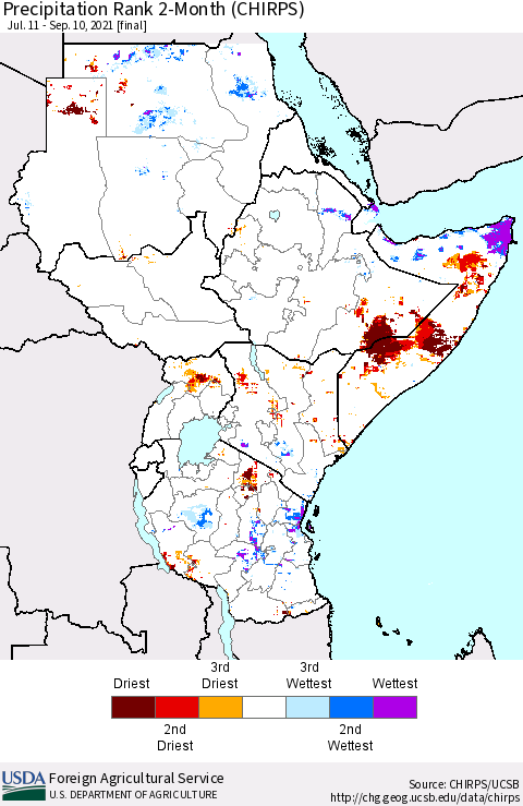 Eastern Africa Precipitation Rank since 1981, 2-Month (CHIRPS) Thematic Map For 7/11/2021 - 9/10/2021