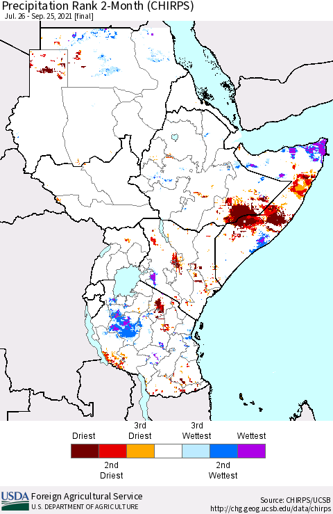 Eastern Africa Precipitation Rank 2-Month (CHIRPS) Thematic Map For 7/26/2021 - 9/25/2021
