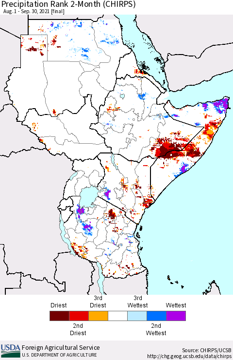 Eastern Africa Precipitation Rank 2-Month (CHIRPS) Thematic Map For 8/1/2021 - 9/30/2021
