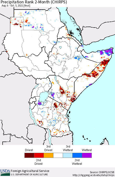 Eastern Africa Precipitation Rank 2-Month (CHIRPS) Thematic Map For 8/6/2021 - 10/5/2021