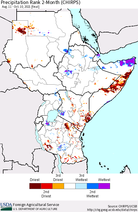 Eastern Africa Precipitation Rank 2-Month (CHIRPS) Thematic Map For 8/11/2021 - 10/10/2021