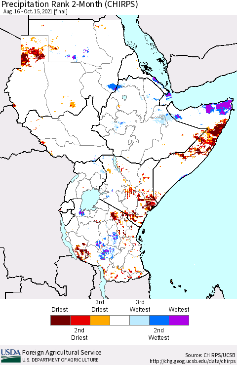 Eastern Africa Precipitation Rank 2-Month (CHIRPS) Thematic Map For 8/16/2021 - 10/15/2021