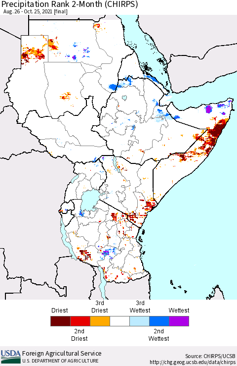 Eastern Africa Precipitation Rank 2-Month (CHIRPS) Thematic Map For 8/26/2021 - 10/25/2021