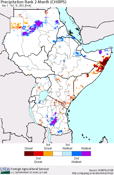 Eastern Africa Precipitation Rank 2-Month (CHIRPS) Thematic Map For 9/1/2021 - 10/31/2021