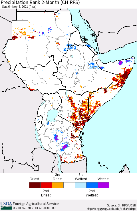 Eastern Africa Precipitation Rank since 1981, 2-Month (CHIRPS) Thematic Map For 9/6/2021 - 11/5/2021