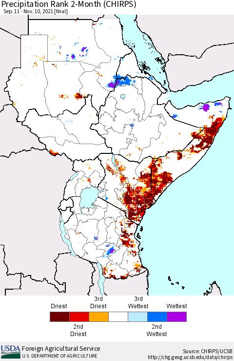 Eastern Africa Precipitation Rank since 1981, 2-Month (CHIRPS) Thematic Map For 9/11/2021 - 11/10/2021
