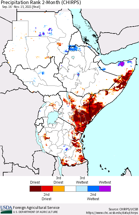 Eastern Africa Precipitation Rank 2-Month (CHIRPS) Thematic Map For 9/16/2021 - 11/15/2021