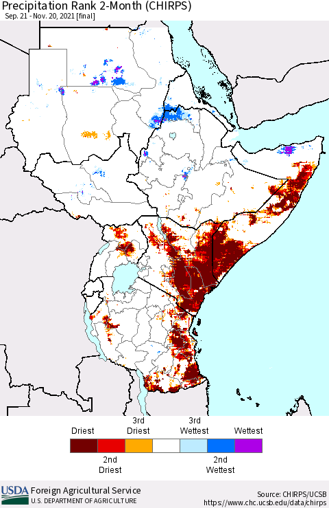 Eastern Africa Precipitation Rank since 1981, 2-Month (CHIRPS) Thematic Map For 9/21/2021 - 11/20/2021