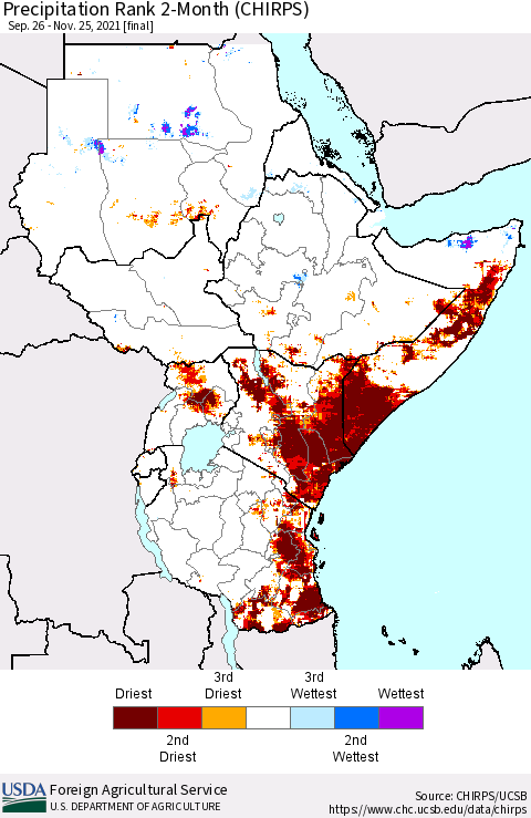 Eastern Africa Precipitation Rank since 1981, 2-Month (CHIRPS) Thematic Map For 9/26/2021 - 11/25/2021