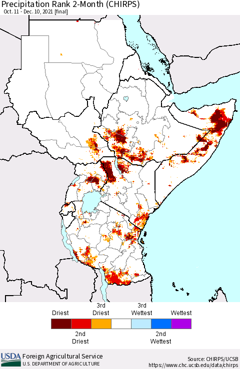 Eastern Africa Precipitation Rank 2-Month (CHIRPS) Thematic Map For 10/11/2021 - 12/10/2021