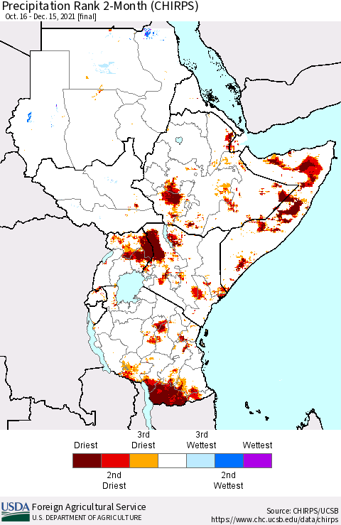 Eastern Africa Precipitation Rank since 1981, 2-Month (CHIRPS) Thematic Map For 10/16/2021 - 12/15/2021