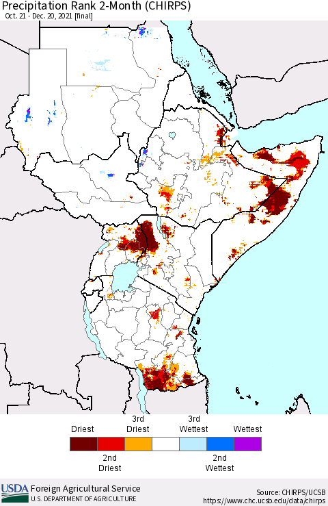 Eastern Africa Precipitation Rank since 1981, 2-Month (CHIRPS) Thematic Map For 10/21/2021 - 12/20/2021