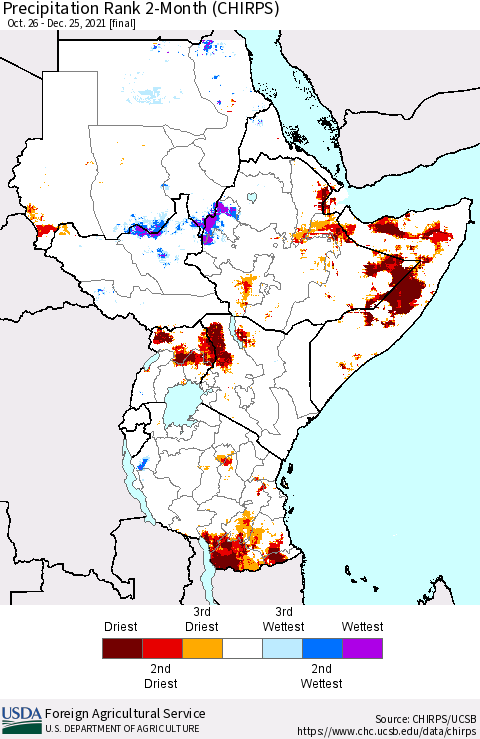 Eastern Africa Precipitation Rank 2-Month (CHIRPS) Thematic Map For 10/26/2021 - 12/25/2021