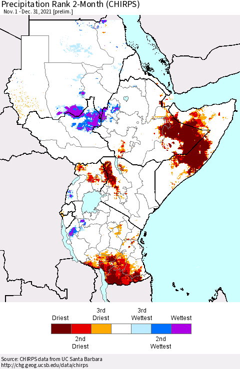 Eastern Africa Precipitation Rank 2-Month (CHIRPS) Thematic Map For 11/1/2021 - 12/31/2021
