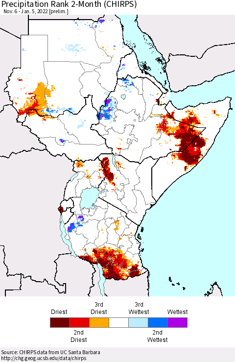 Eastern Africa Precipitation Rank 2-Month (CHIRPS) Thematic Map For 11/6/2021 - 1/5/2022