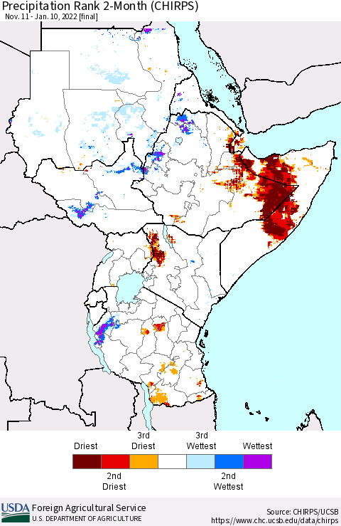 Eastern Africa Precipitation Rank since 1981, 2-Month (CHIRPS) Thematic Map For 11/11/2021 - 1/10/2022
