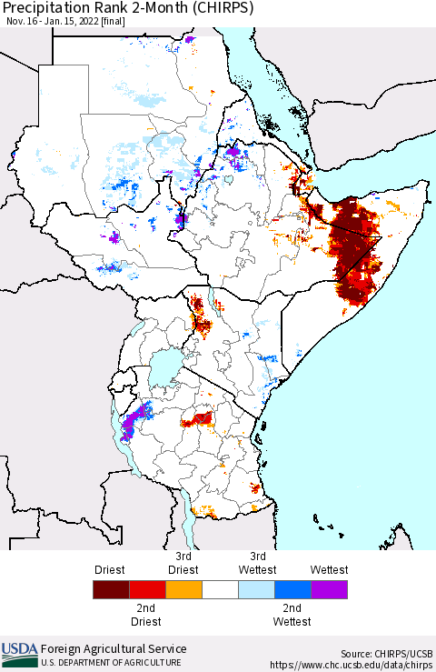 Eastern Africa Precipitation Rank 2-Month (CHIRPS) Thematic Map For 11/16/2021 - 1/15/2022