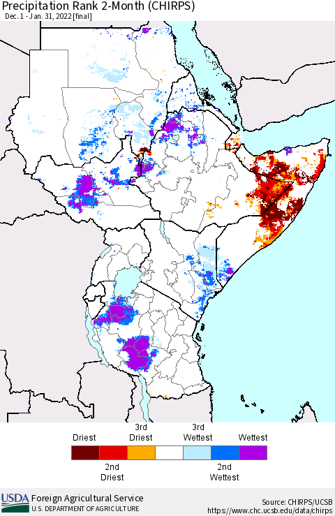 Eastern Africa Precipitation Rank since 1981, 2-Month (CHIRPS) Thematic Map For 12/1/2021 - 1/31/2022