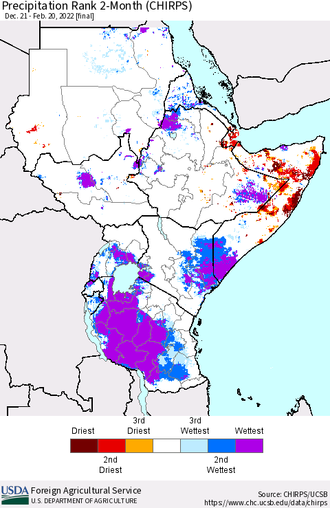 Eastern Africa Precipitation Rank 2-Month (CHIRPS) Thematic Map For 12/21/2021 - 2/20/2022