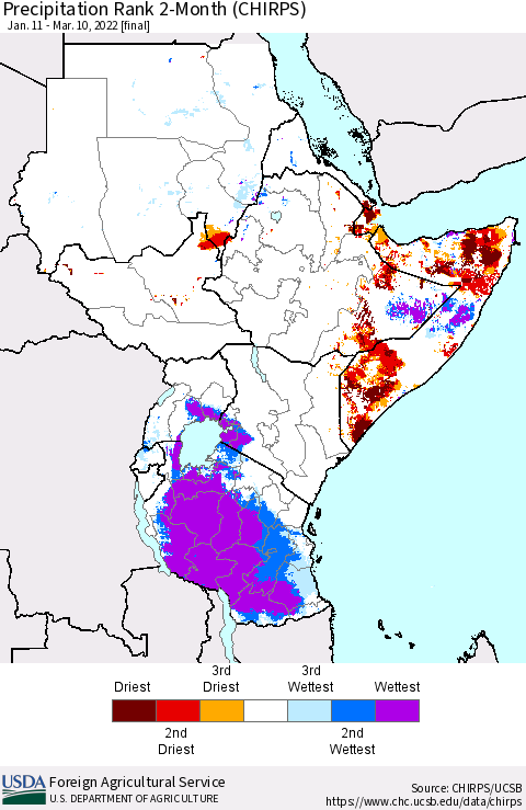 Eastern Africa Precipitation Rank 2-Month (CHIRPS) Thematic Map For 1/11/2022 - 3/10/2022