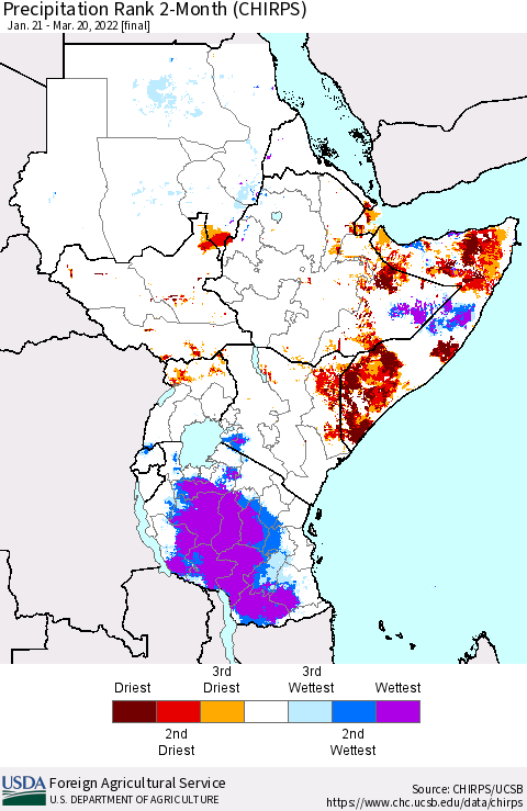 Eastern Africa Precipitation Rank since 1981, 2-Month (CHIRPS) Thematic Map For 1/21/2022 - 3/20/2022