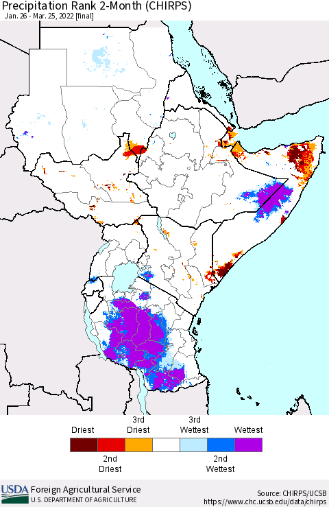 Eastern Africa Precipitation Rank 2-Month (CHIRPS) Thematic Map For 1/26/2022 - 3/25/2022