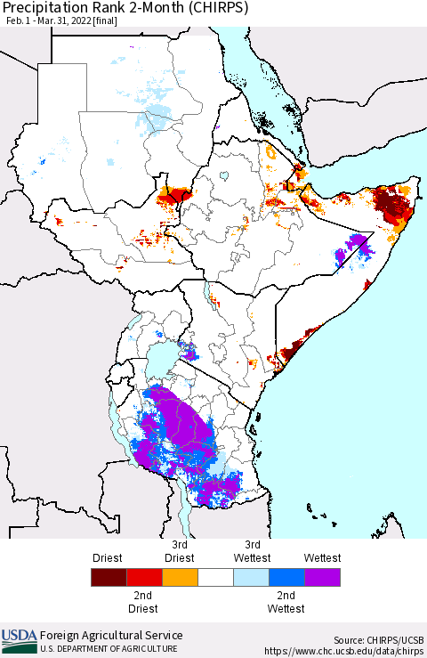 Eastern Africa Precipitation Rank since 1981, 2-Month (CHIRPS) Thematic Map For 2/1/2022 - 3/31/2022