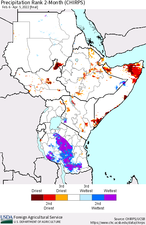 Eastern Africa Precipitation Rank 2-Month (CHIRPS) Thematic Map For 2/6/2022 - 4/5/2022