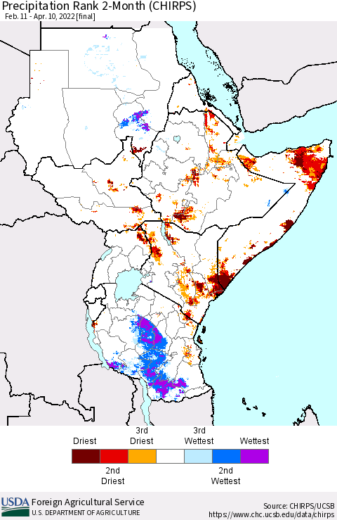 Eastern Africa Precipitation Rank 2-Month (CHIRPS) Thematic Map For 2/11/2022 - 4/10/2022