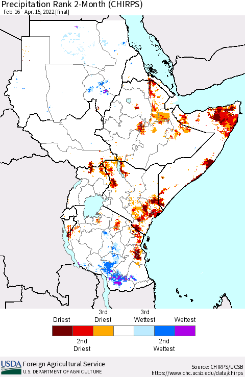 Eastern Africa Precipitation Rank 2-Month (CHIRPS) Thematic Map For 2/16/2022 - 4/15/2022