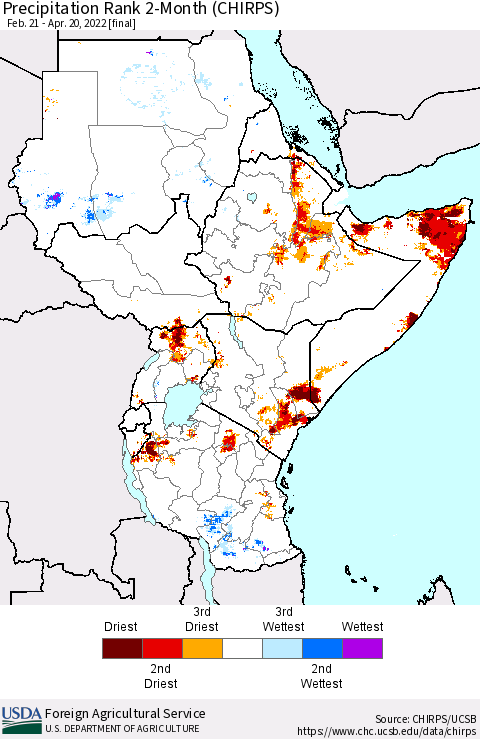 Eastern Africa Precipitation Rank 2-Month (CHIRPS) Thematic Map For 2/21/2022 - 4/20/2022