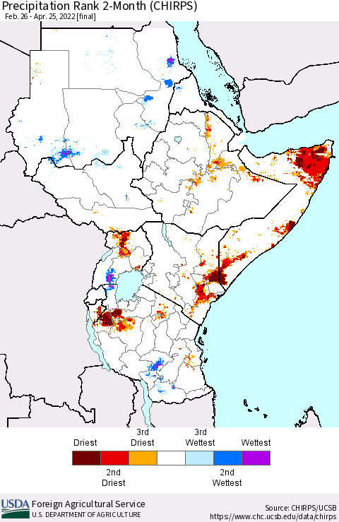 Eastern Africa Precipitation Rank 2-Month (CHIRPS) Thematic Map For 2/26/2022 - 4/25/2022