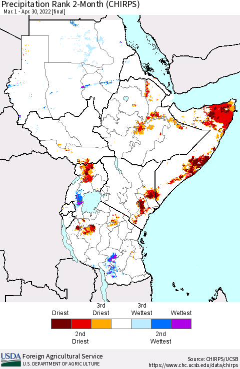 Eastern Africa Precipitation Rank 2-Month (CHIRPS) Thematic Map For 3/1/2022 - 4/30/2022