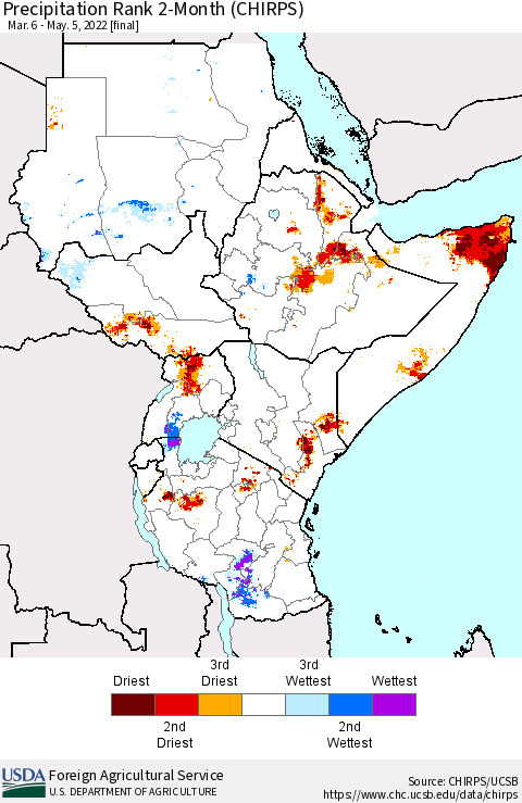 Eastern Africa Precipitation Rank 2-Month (CHIRPS) Thematic Map For 3/6/2022 - 5/5/2022