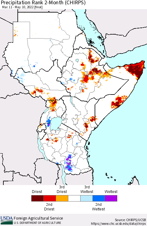 Eastern Africa Precipitation Rank 2-Month (CHIRPS) Thematic Map For 3/11/2022 - 5/10/2022