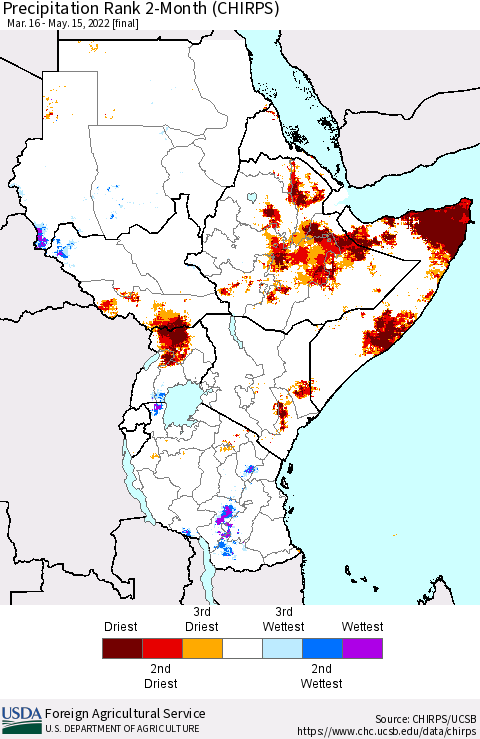 Eastern Africa Precipitation Rank 2-Month (CHIRPS) Thematic Map For 3/16/2022 - 5/15/2022
