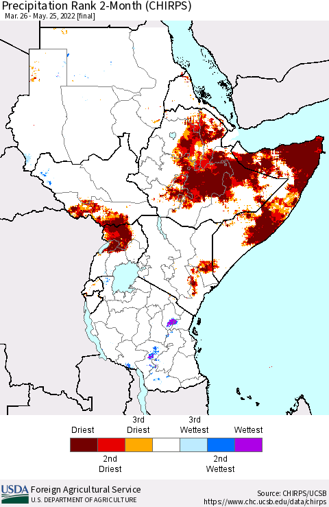 Eastern Africa Precipitation Rank since 1981, 2-Month (CHIRPS) Thematic Map For 3/26/2022 - 5/25/2022